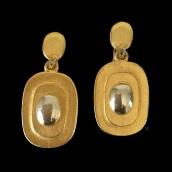 Rare Vtg 1960s FLORENZA 2‑Tone Clip‑On Earrings - Brushed Gold & Shiny Silver - Picture 1 of 12